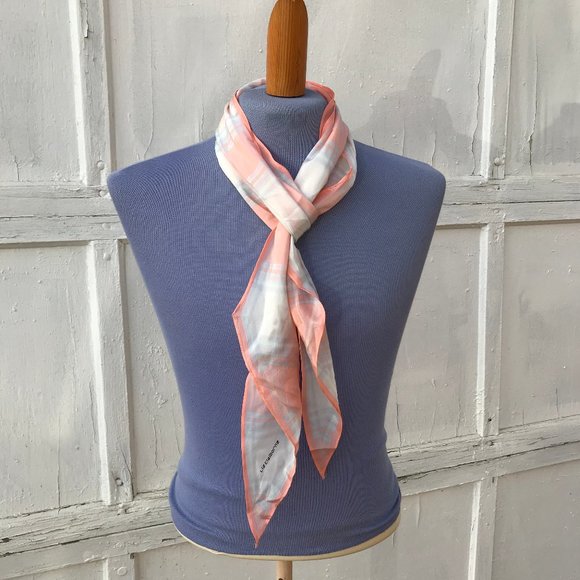 Liz Claiborne Coral Pink Plaid Silky Scarf Vintage Hair Bow Tie Headband 72" - Picture 2 of 7